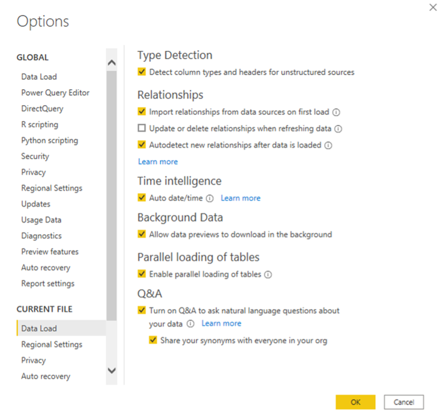 opciones sinonimos power bi