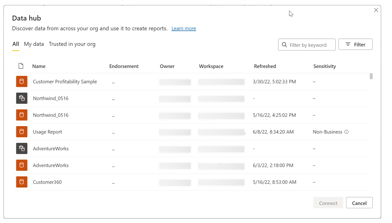 Data hub power bi